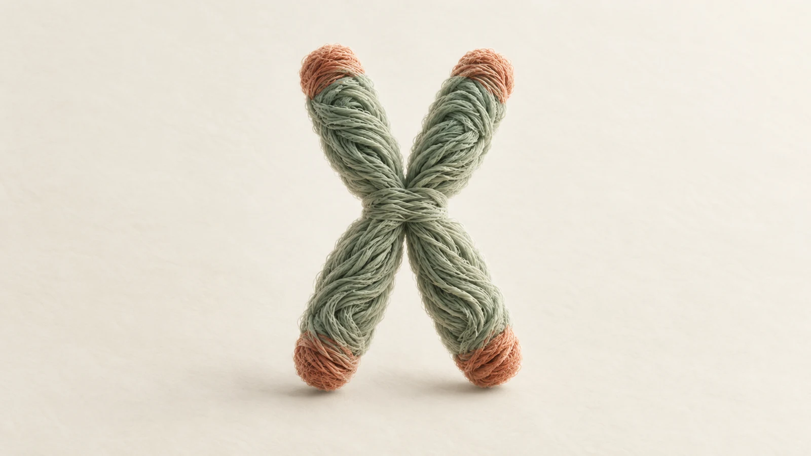 A textured X-shaped model of a replicated chromosome, with four rounded end regions in muted terracotta.