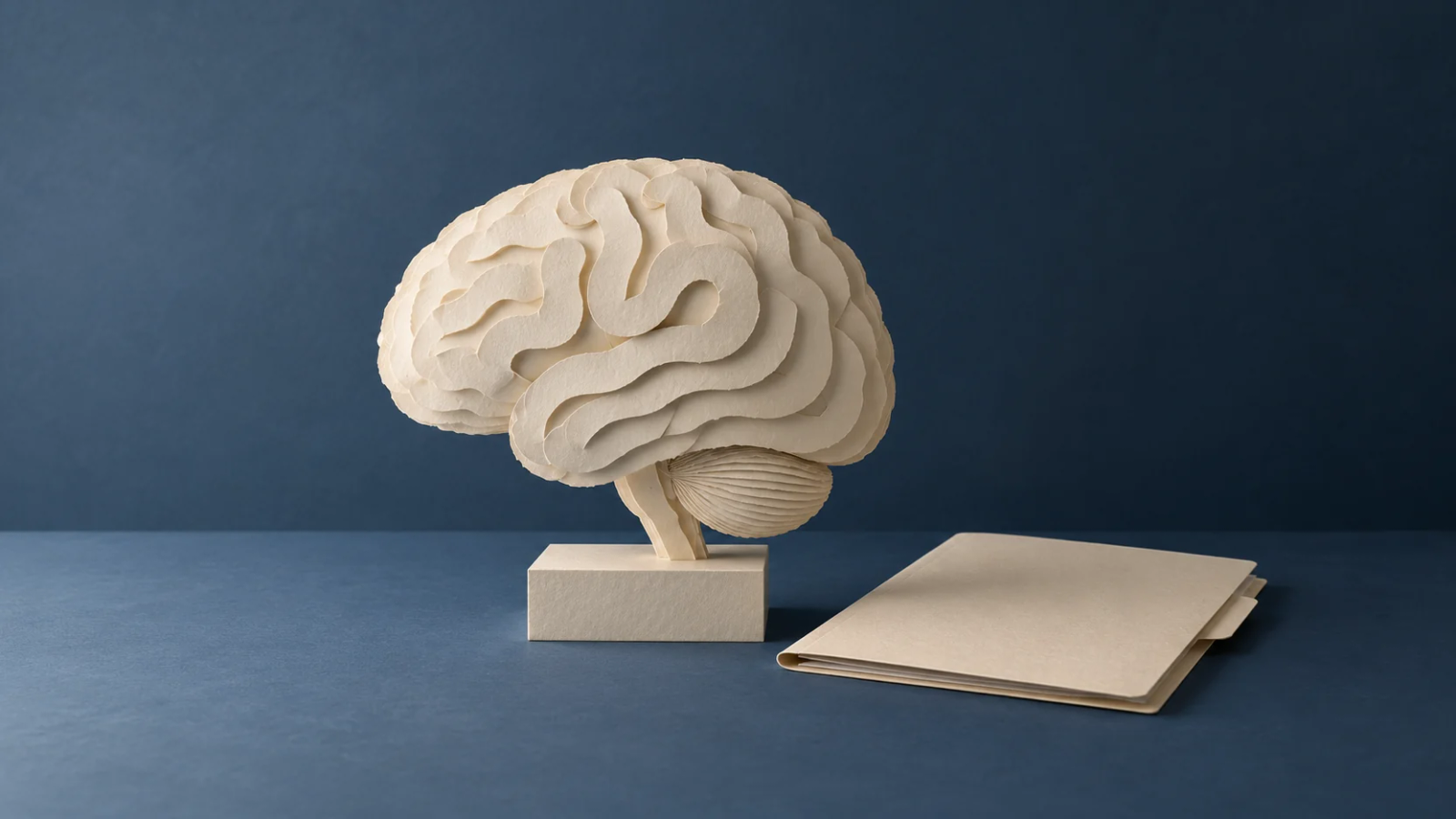 An ivory paper sculpture in the shape of a brain stands on a plinth beside a closed folder on a blue tabletop.
