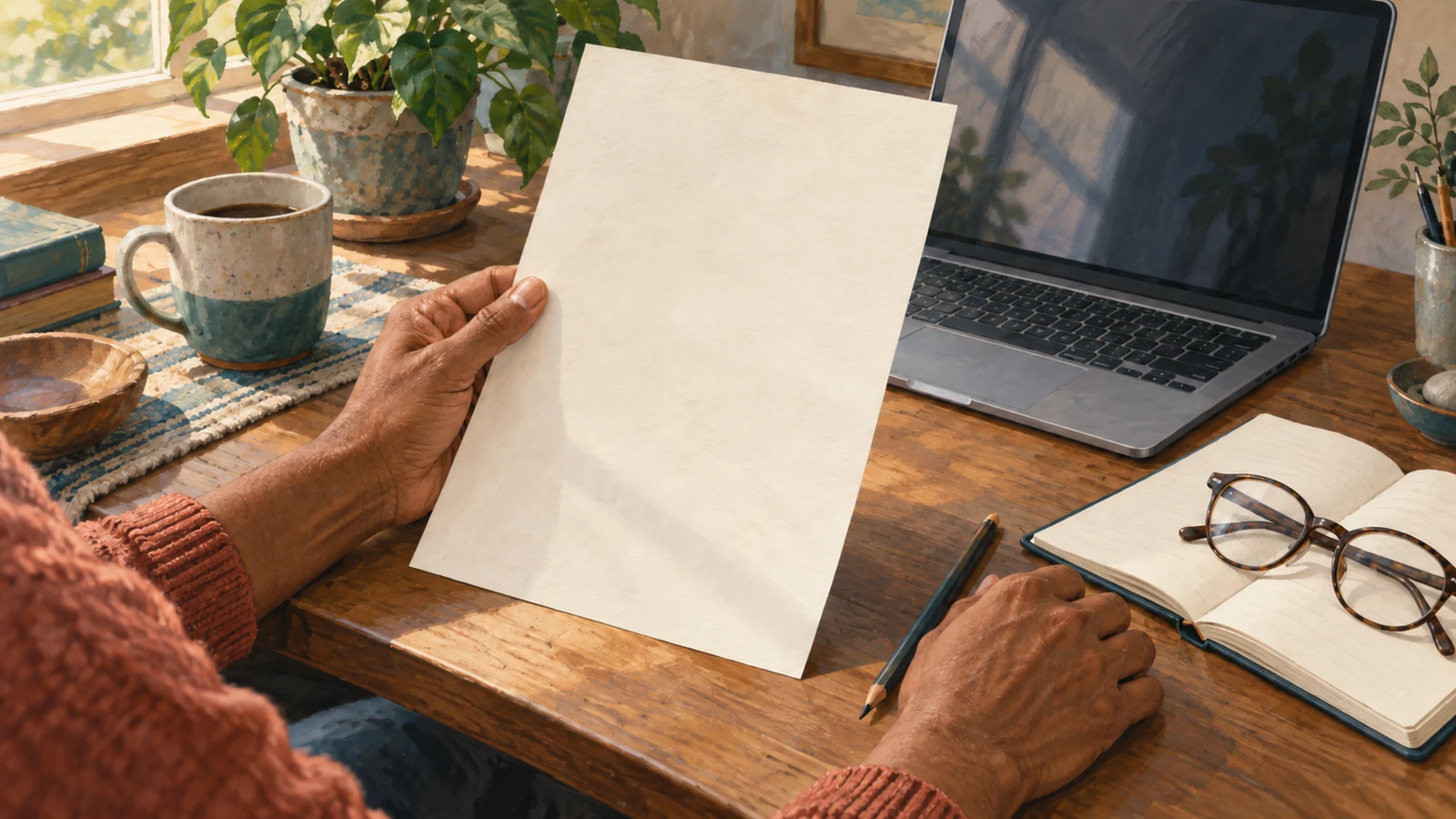 A reader holds a blank information sheet beside an open laptop on a sunlit desk.