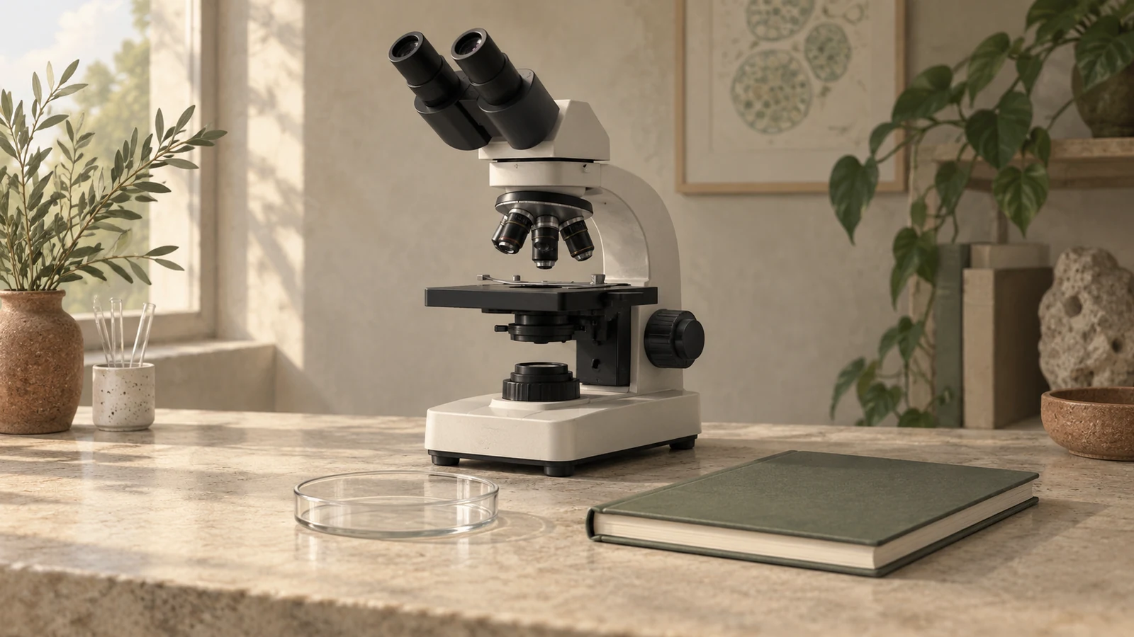 An optical microscope beside an empty glass culture dish and a closed notebook on a softly lit bench.