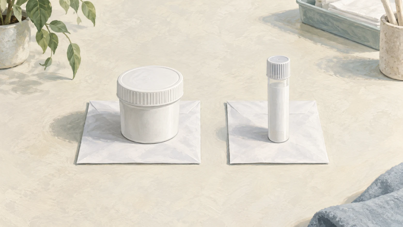 A sealed wide specimen pot and a slim capped tube stand separately on blank paper envelopes.