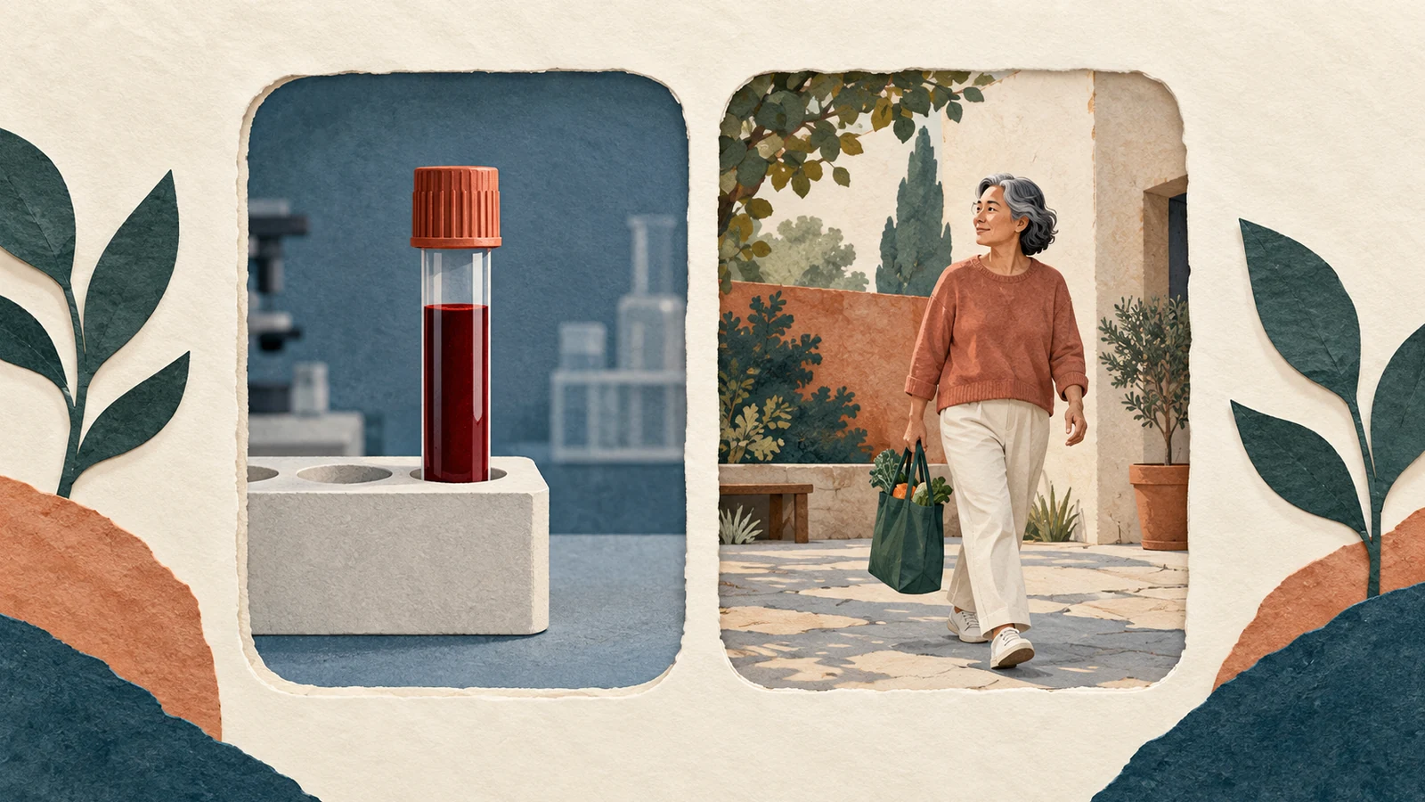 Two paper-framed scenes show a sealed blood-sample tube and a gray-haired person carrying a grocery bag through a courtyard.