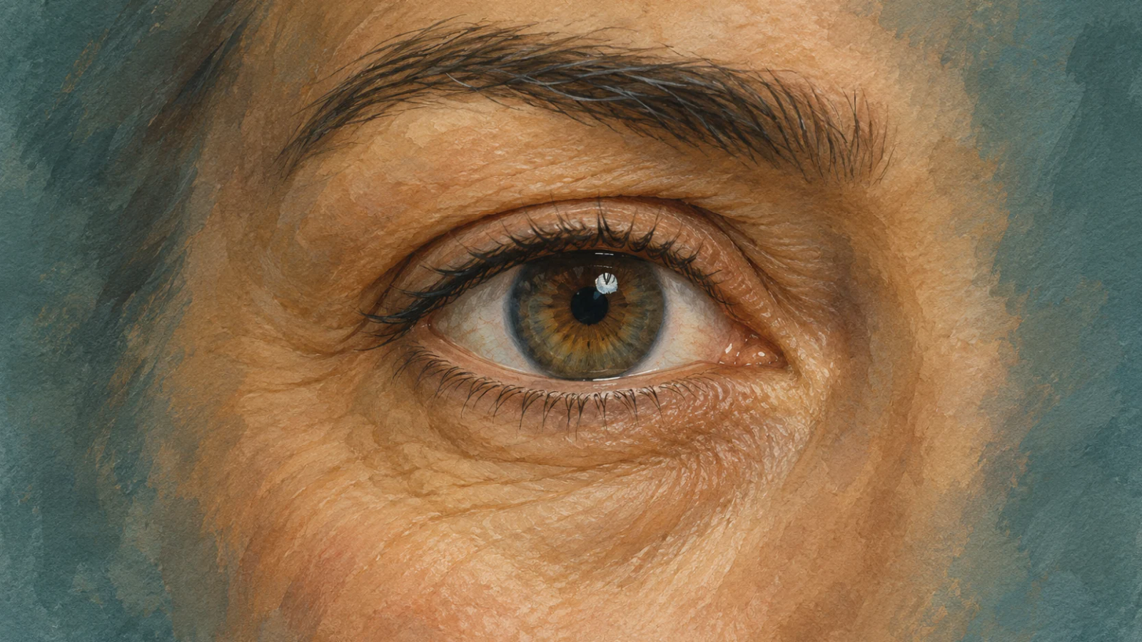A painted close-up of a hazel eye shows the eyelids, eyebrow and natural lines in the surrounding skin.