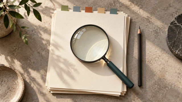 A magnifying glass rests on blank research pages with five colored tabs and a pencil beside them.