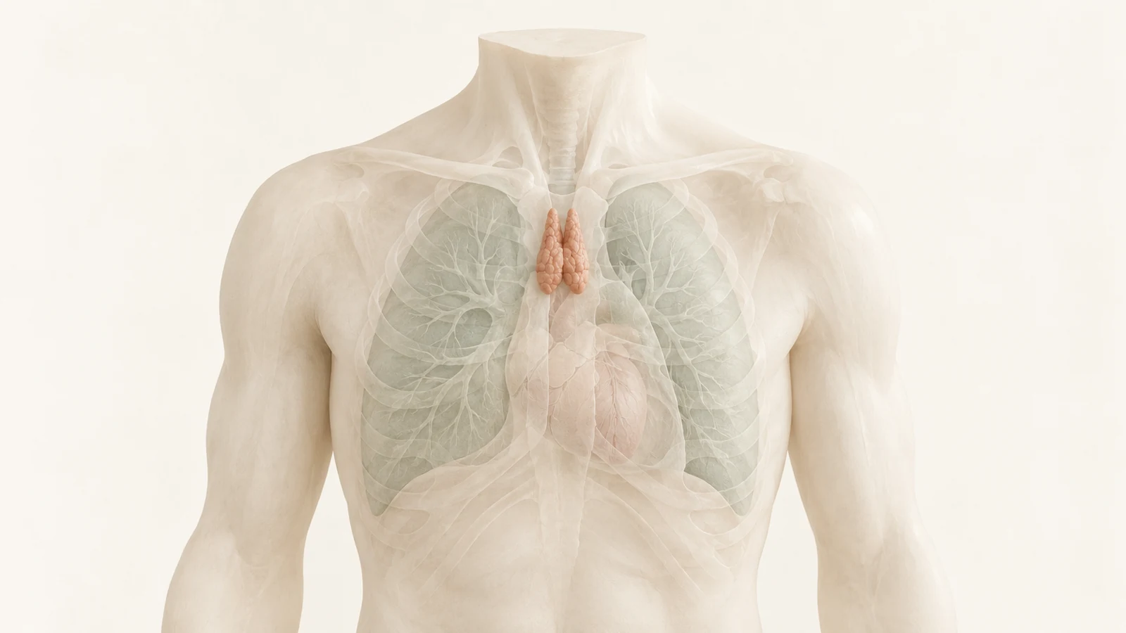 A translucent upper-torso model with a small lobed thymus highlighted centrally between the lungs, behind the breastbone.