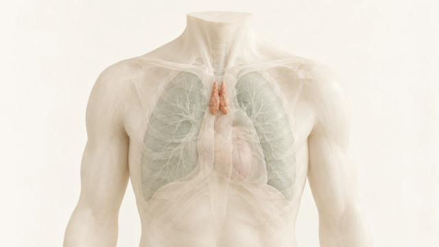A translucent upper-torso model with a small lobed thymus highlighted centrally between the lungs, behind the breastbone.