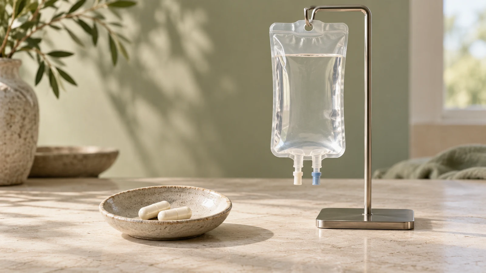 Two ivory capsules in a ceramic dish sit beside a clear fluid bag on a small metal stand.