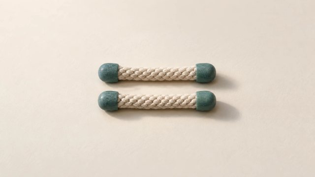 Two pale woven cords with teal end caps lie parallel on an ivory surface.