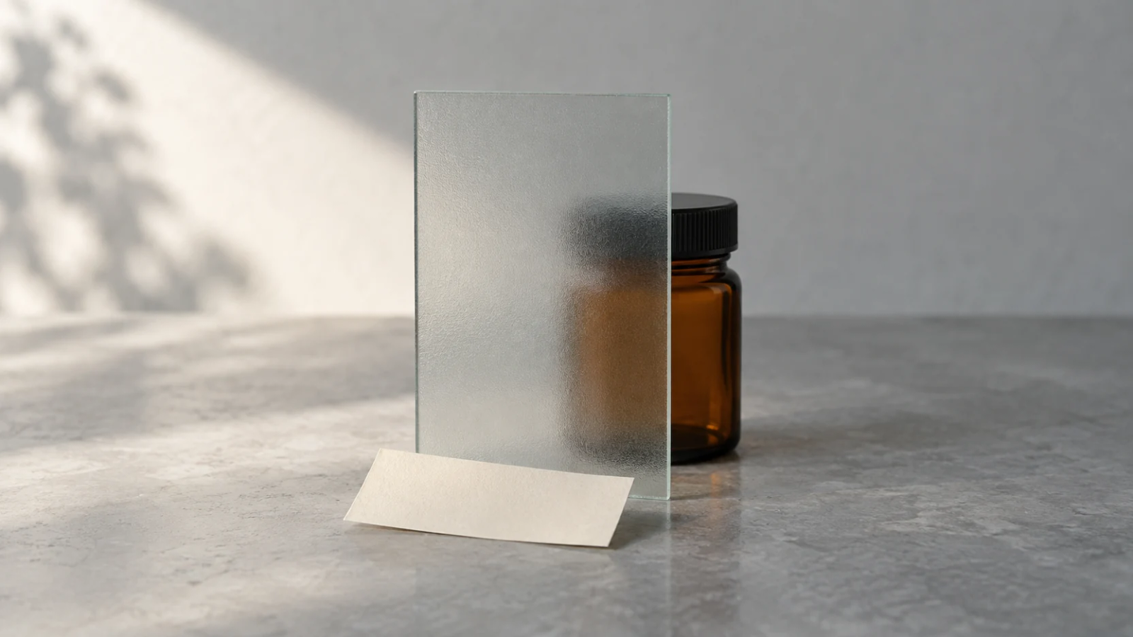 A closed amber sample container sits partly behind frosted glass, with a blank paper label in front.