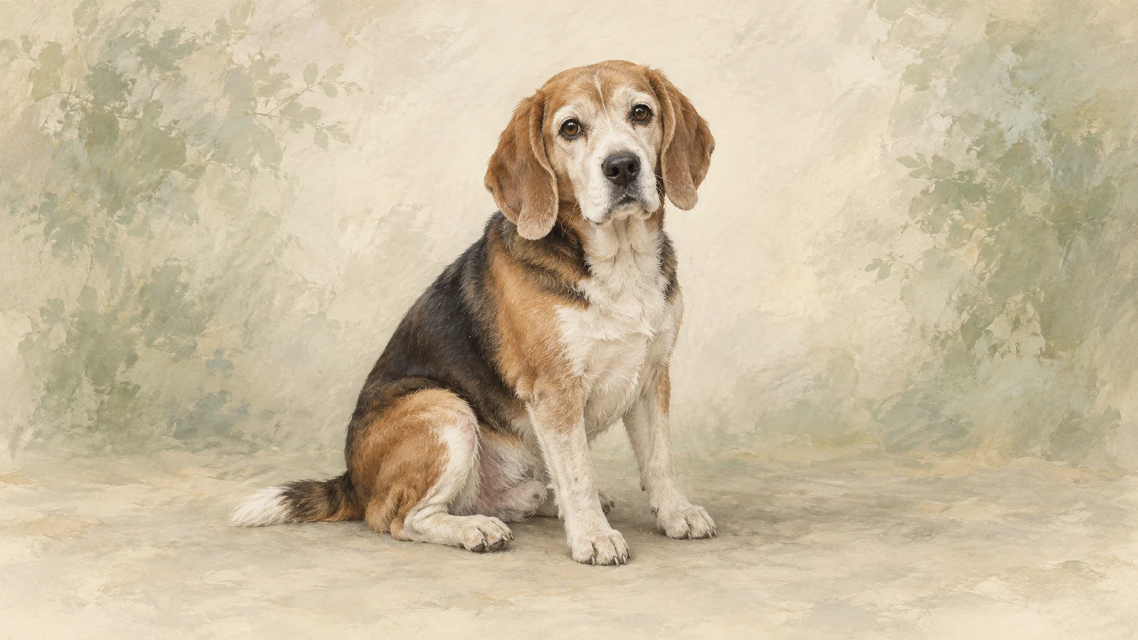 An older tricolor beagle with a gray muzzle sits calmly against a softly textured neutral background.