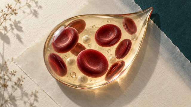 A clear droplet-shaped glass sculpture contains red concave discs and pale round forms on a warm neutral background.