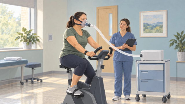 A woman on a stationary bicycle wears a breathing-test mask and wristwatch while a health professional observes.