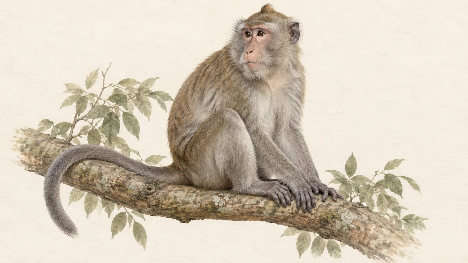 A gray-brown macaque sits upright on a leafy branch against a pale background.