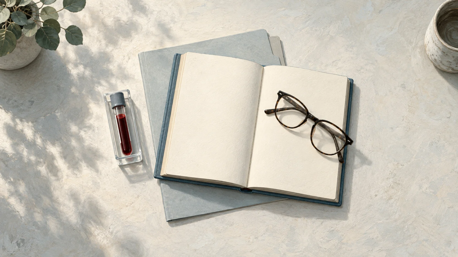 A capped sample tube rests in a clear holder beside a blank open notebook, reading glasses and a closed folder.