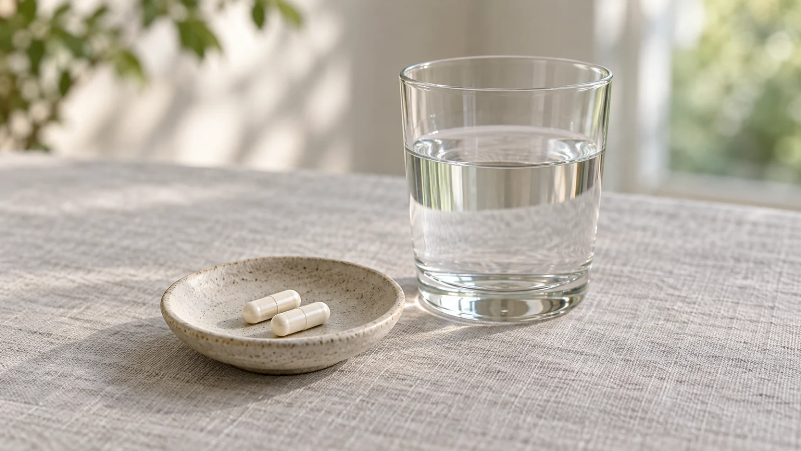 Two plain ivory capsules rest in a small ceramic dish beside a glass of water.