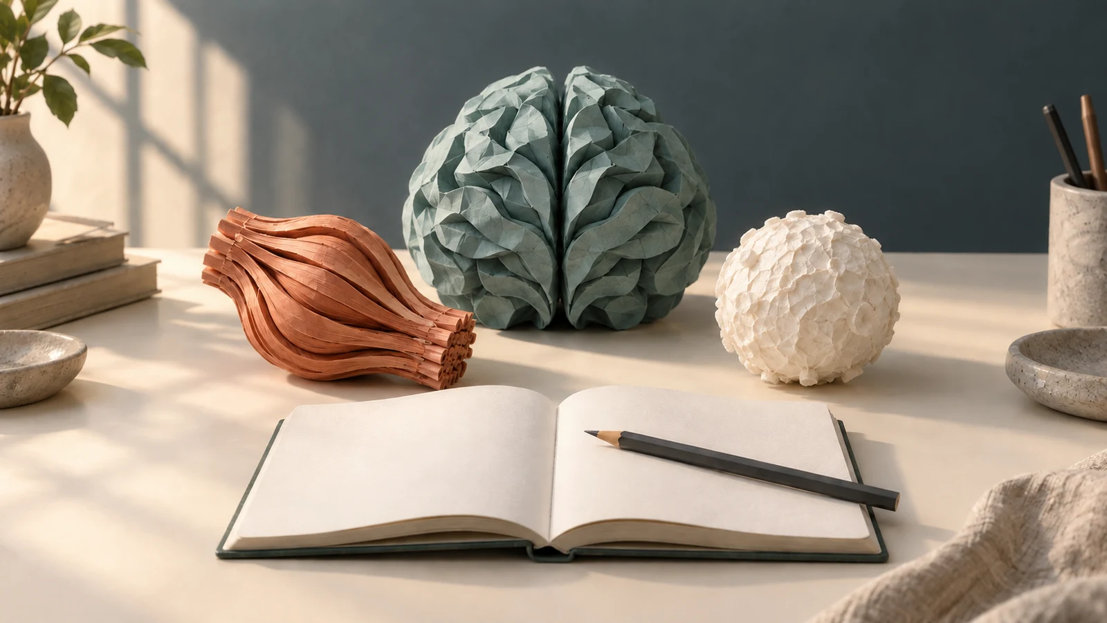 A blank notebook and pencil sit in front of paper sculptures suggesting muscle fibers, a brain and a rounded immune-biology form.