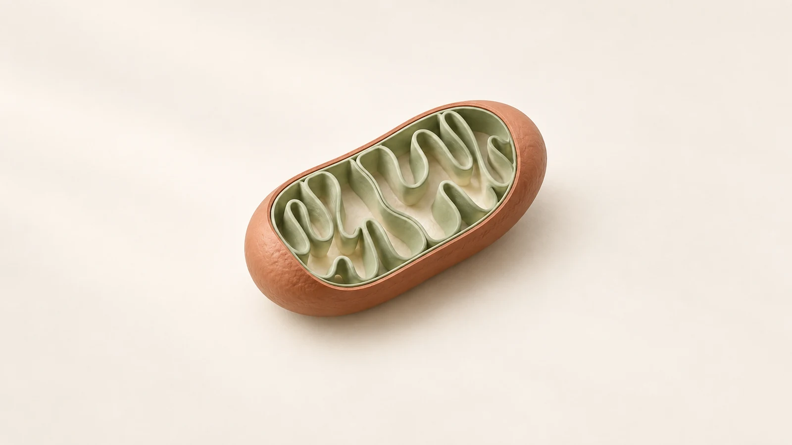 An oval mitochondrion model cut open to show folds of its inner membrane.