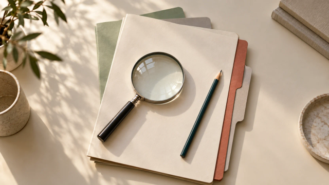 A magnifying glass and teal pencil rest on a stack of plain folders with colored tabs.