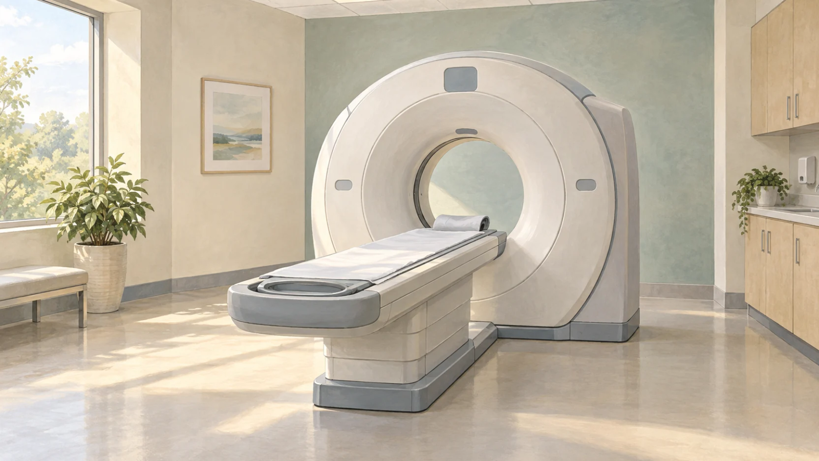 An empty table extends from a short, ring-shaped CT scanner in a softly lit room.
