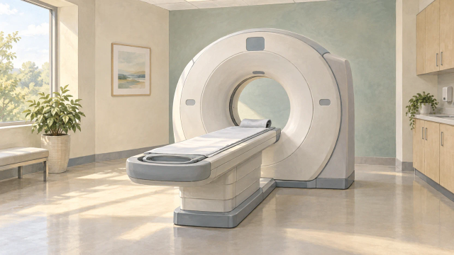 An empty table extends from a short, ring-shaped CT scanner in a softly lit room.