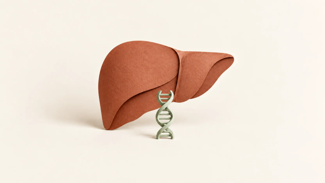 A terracotta paper liver silhouette sits behind a small sage DNA double-helix symbol.