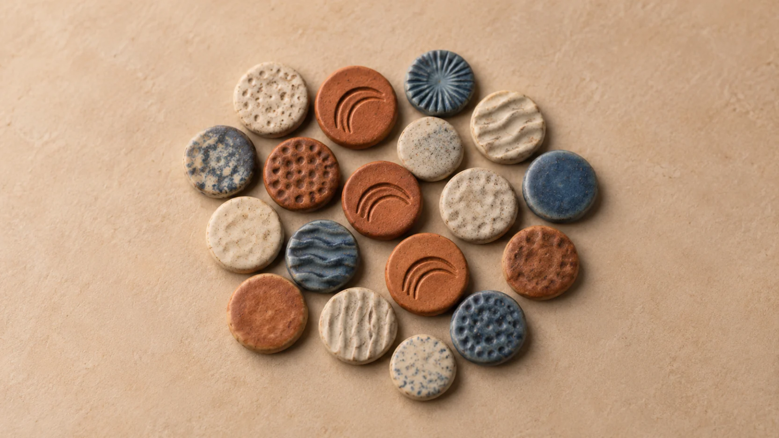 A loose group of round ceramic tiles has varied textures, with the same curved motif repeated on several tiles.