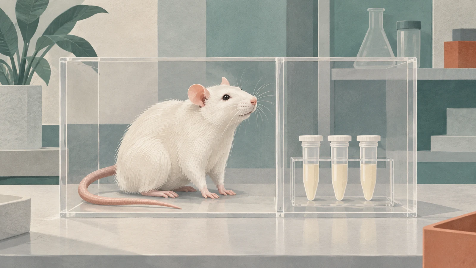A white rat beside three sealed tubes of pale fluid, separated by a transparent partition.