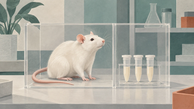 A white rat beside three sealed tubes of pale fluid, separated by a transparent partition.