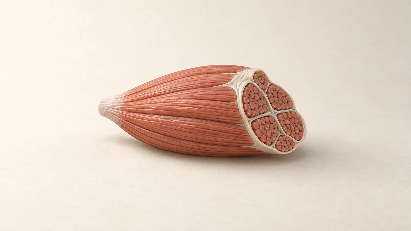 A simplified muscle bundle with a cutaway at one end showing groups of parallel fibers.