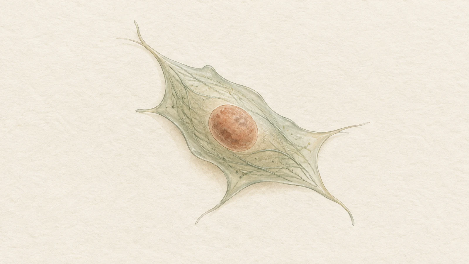 Průsvitná ilustrace buňky nepravidelného tvaru se zaobleným jádrem a jemnými vlákny uvnitř.