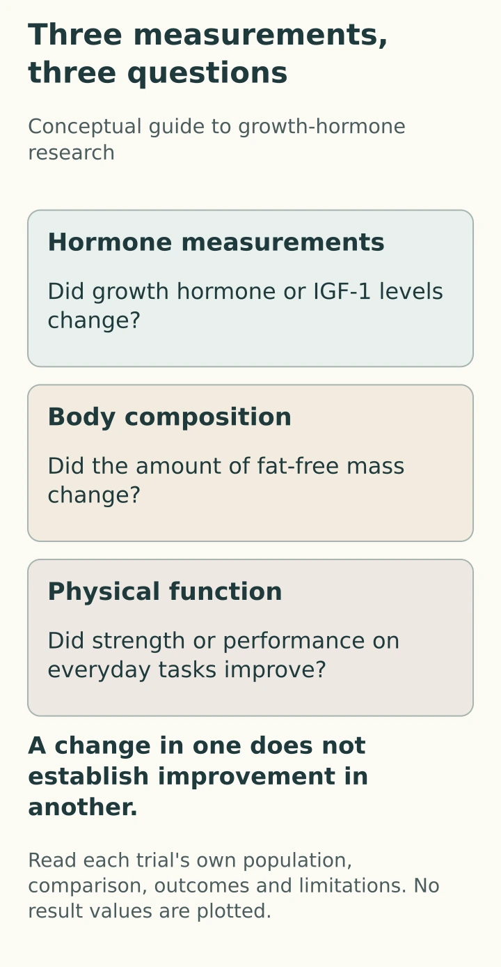 Hormone levels, fat-free mass, and physical function are separate questions; change in one does not establish improvement in another.