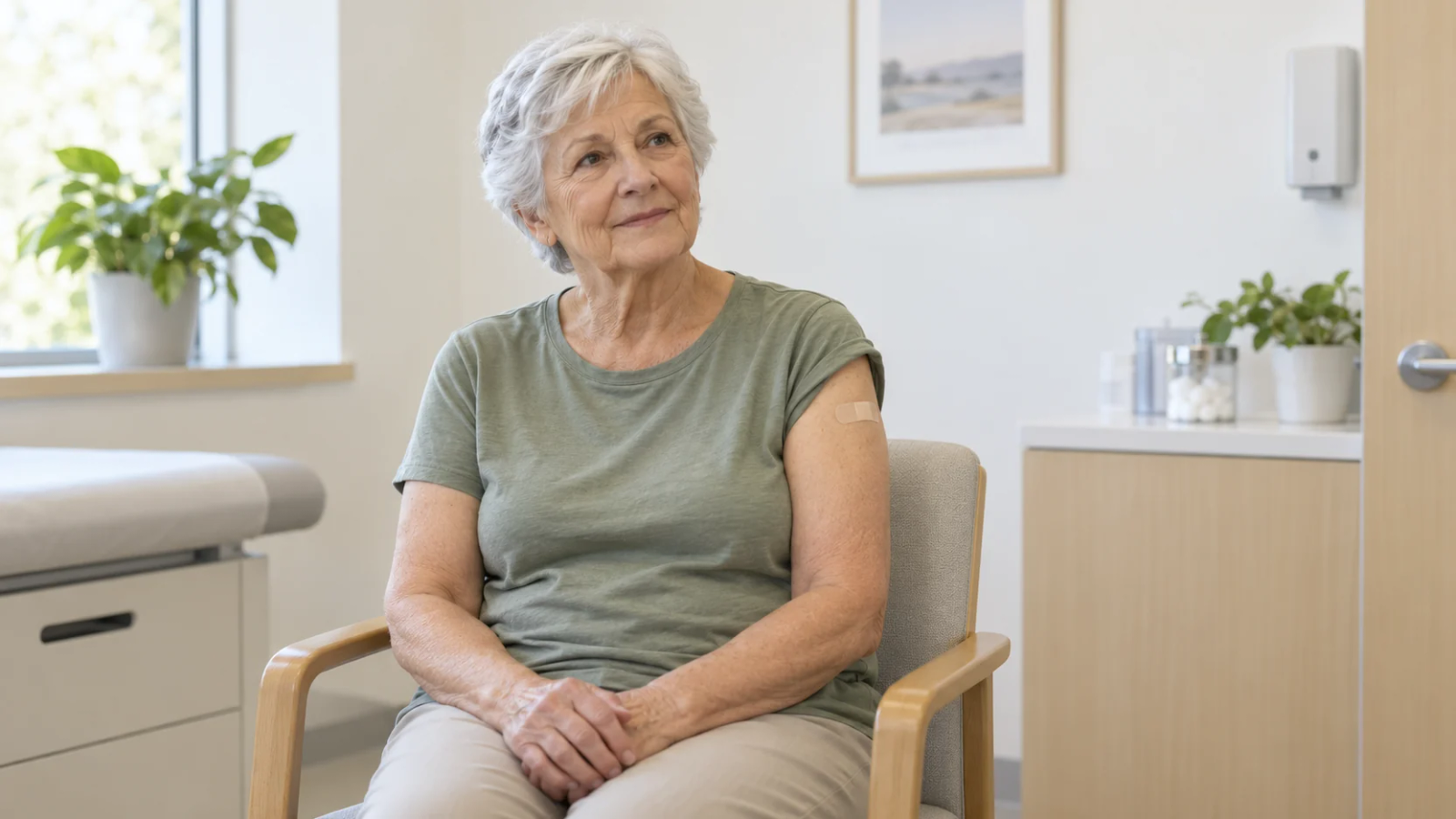 An older woman with silver hair sits with her hands in her lap and a small bandage on her upper arm.