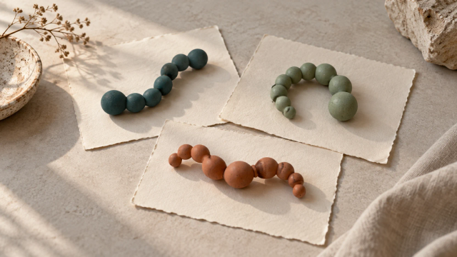 Three curved strands of teal, sage, and terracotta beads lie on separate sheets of paper.