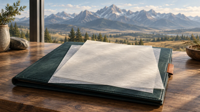 Two translucent blank sheets lie on a closed teal folio in front of an imagined mountain-and-prairie view.