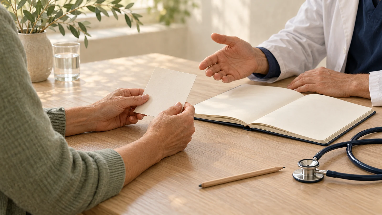 One person holds a blank card while a health professional gestures toward an open notebook beside a stethoscope.
