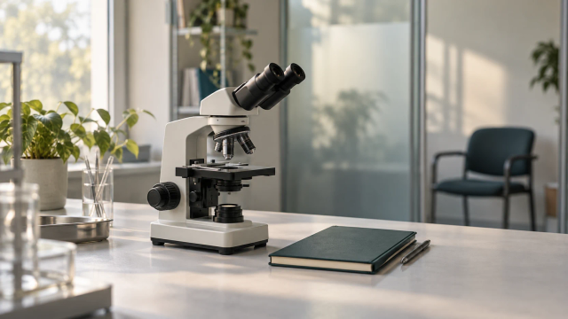 An optical microscope stands beside a closed teal notebook on a sunlit workbench.