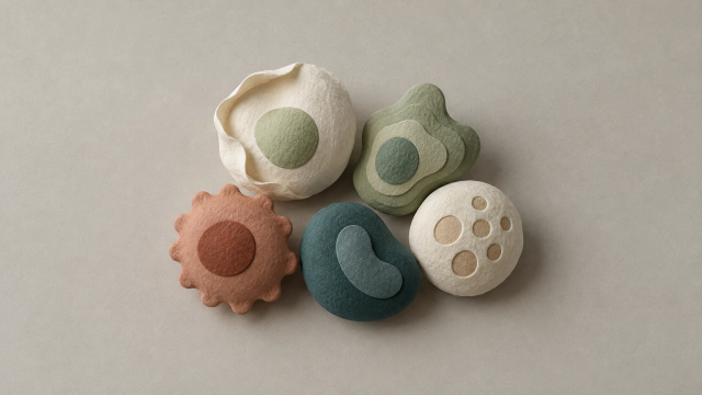 Layered paper forms resembling cells cluster on a pale background in ivory, teal, sage and terracotta.