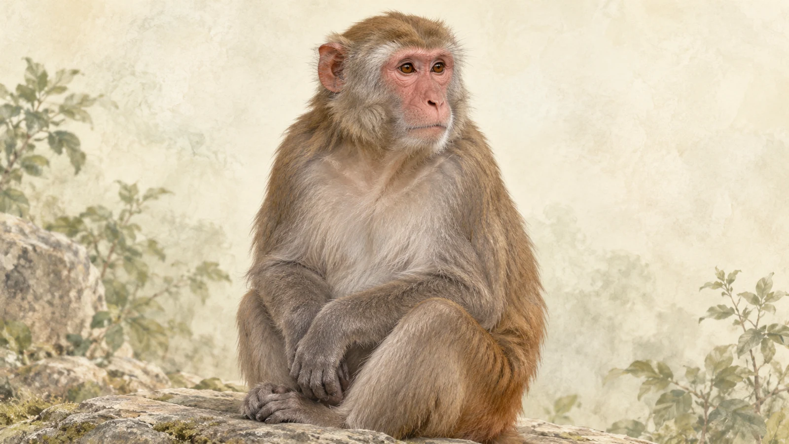A rhesus macaque with brown-gray fur and a pink face sits quietly against a pale neutral background.