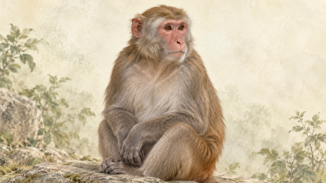 A rhesus macaque with brown-gray fur and a pink face sits quietly against a pale neutral background.