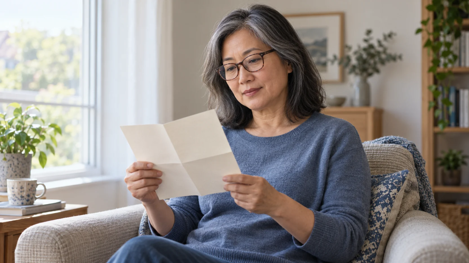 A woman with gray-streaked hair and reading glasses sits by a window holding a folded cream leaflet.
