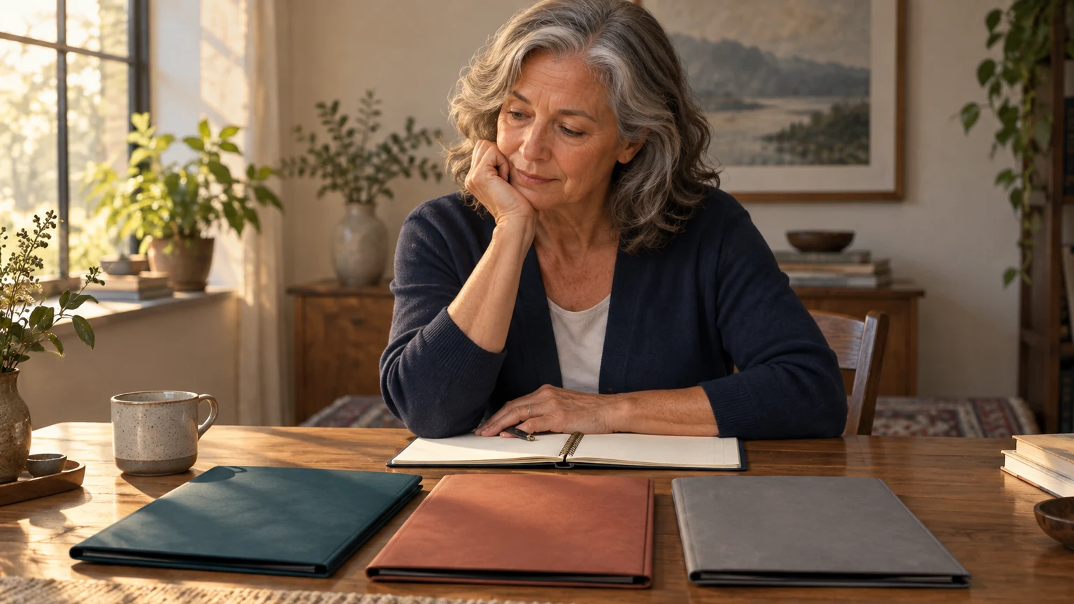 A gray-haired woman sits with an open notebook and three separate closed folders on the table.