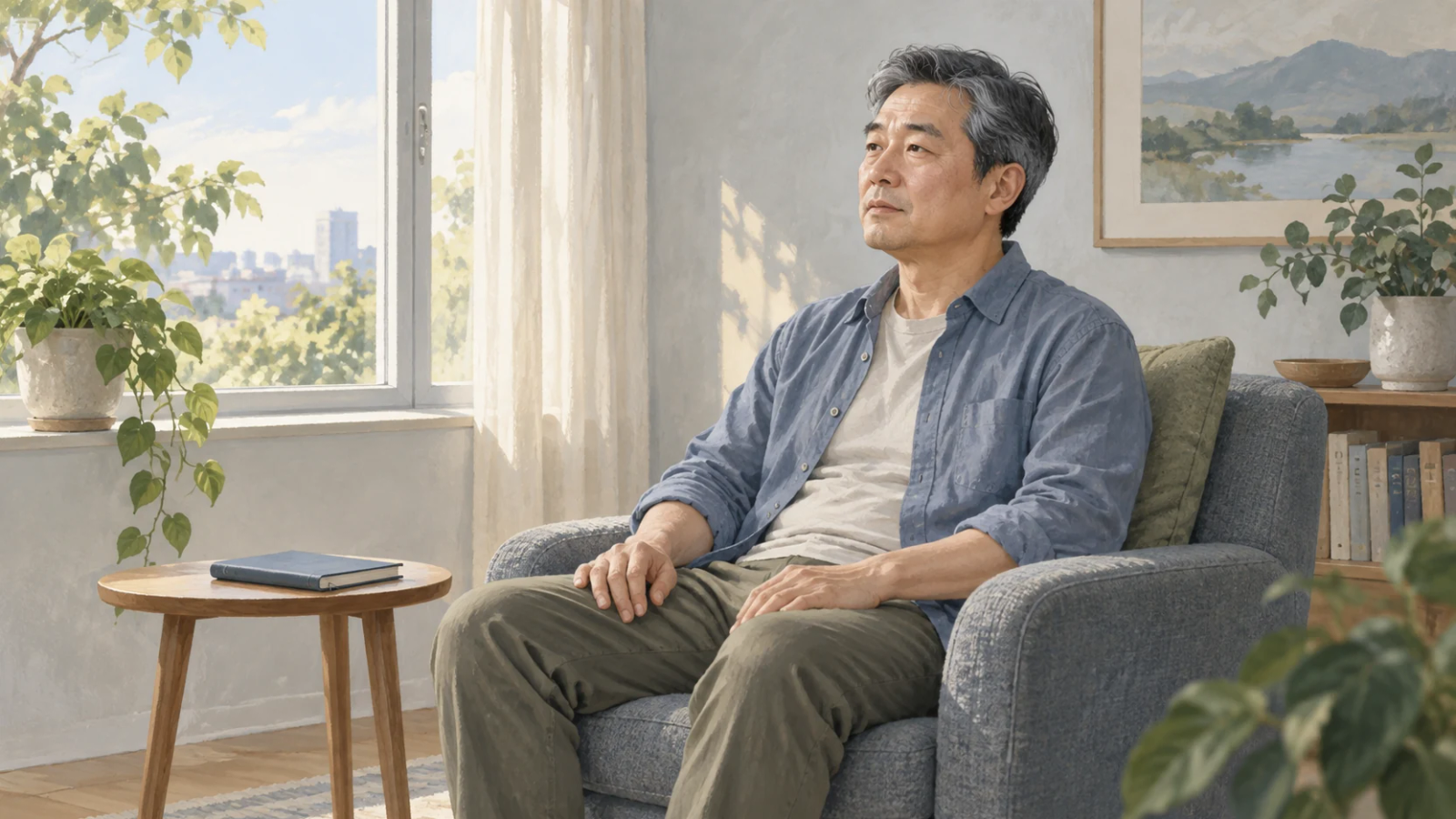 A midlife man sits in an armchair with his hands resting on his thighs, looking toward a sunlit window.