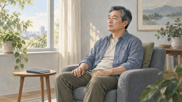 A midlife man sits in an armchair with his hands resting on his thighs, looking toward a sunlit window.