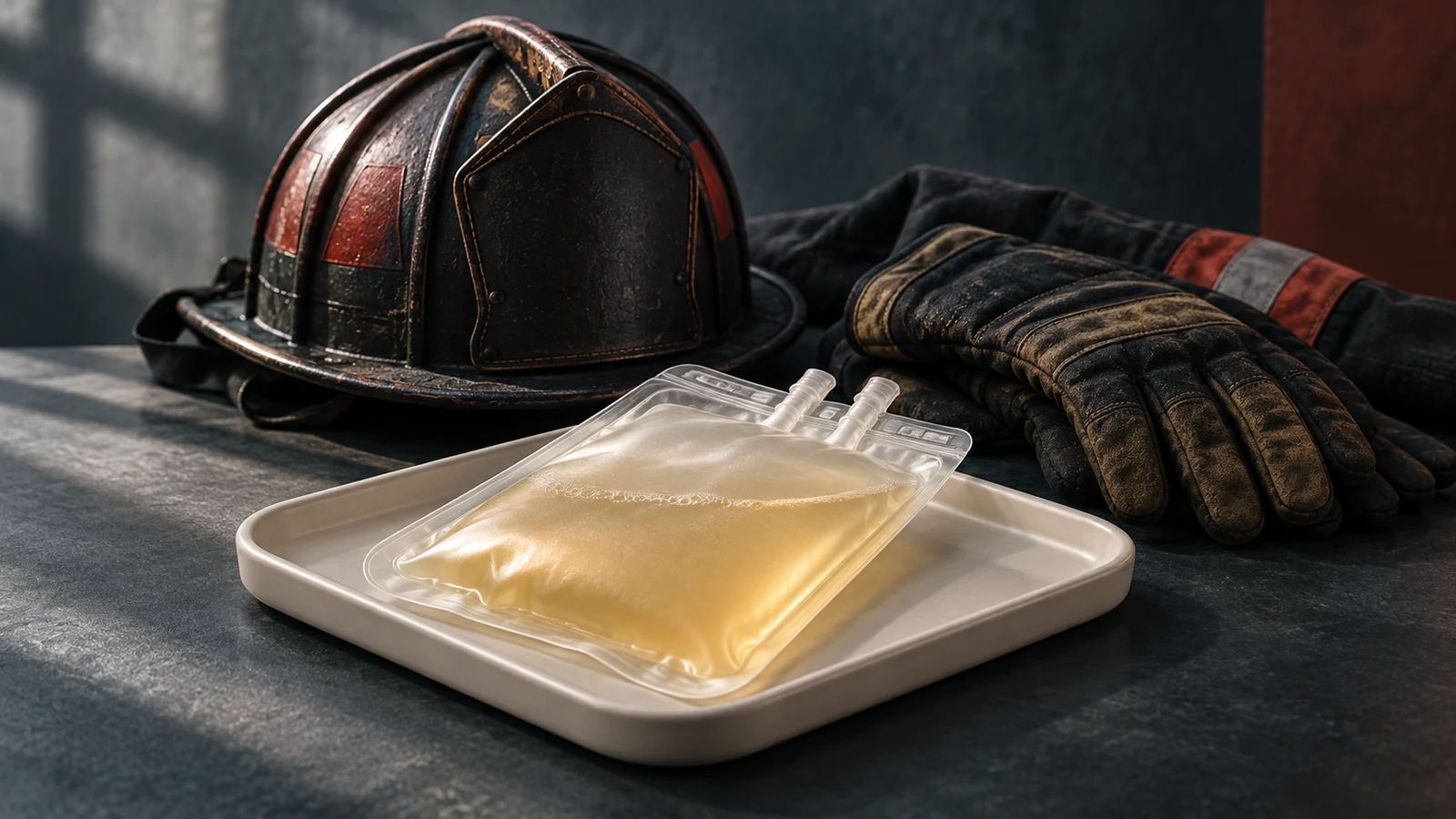 A sealed pale plasma collection bag on an ivory tray beside an unbranded firefighter helmet and protective gloves.