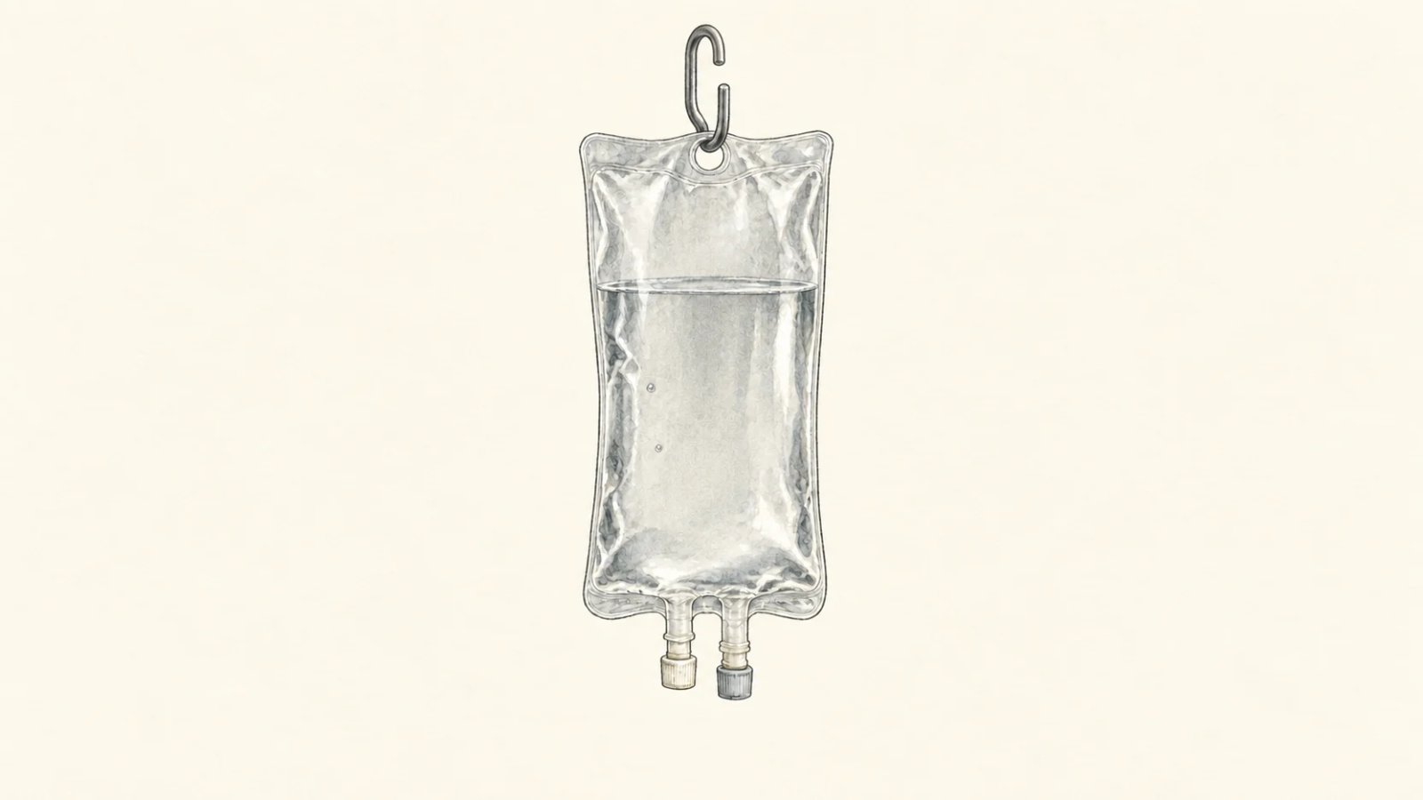 A clear unlabeled fluid bag with two capped ports hangs from a simple hook on an ivory background.