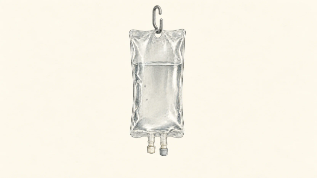 A clear unlabeled fluid bag with two capped ports hangs from a simple hook on an ivory background.